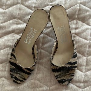 Ferragamo rare tiger print with kitten heel mule in excellent condition